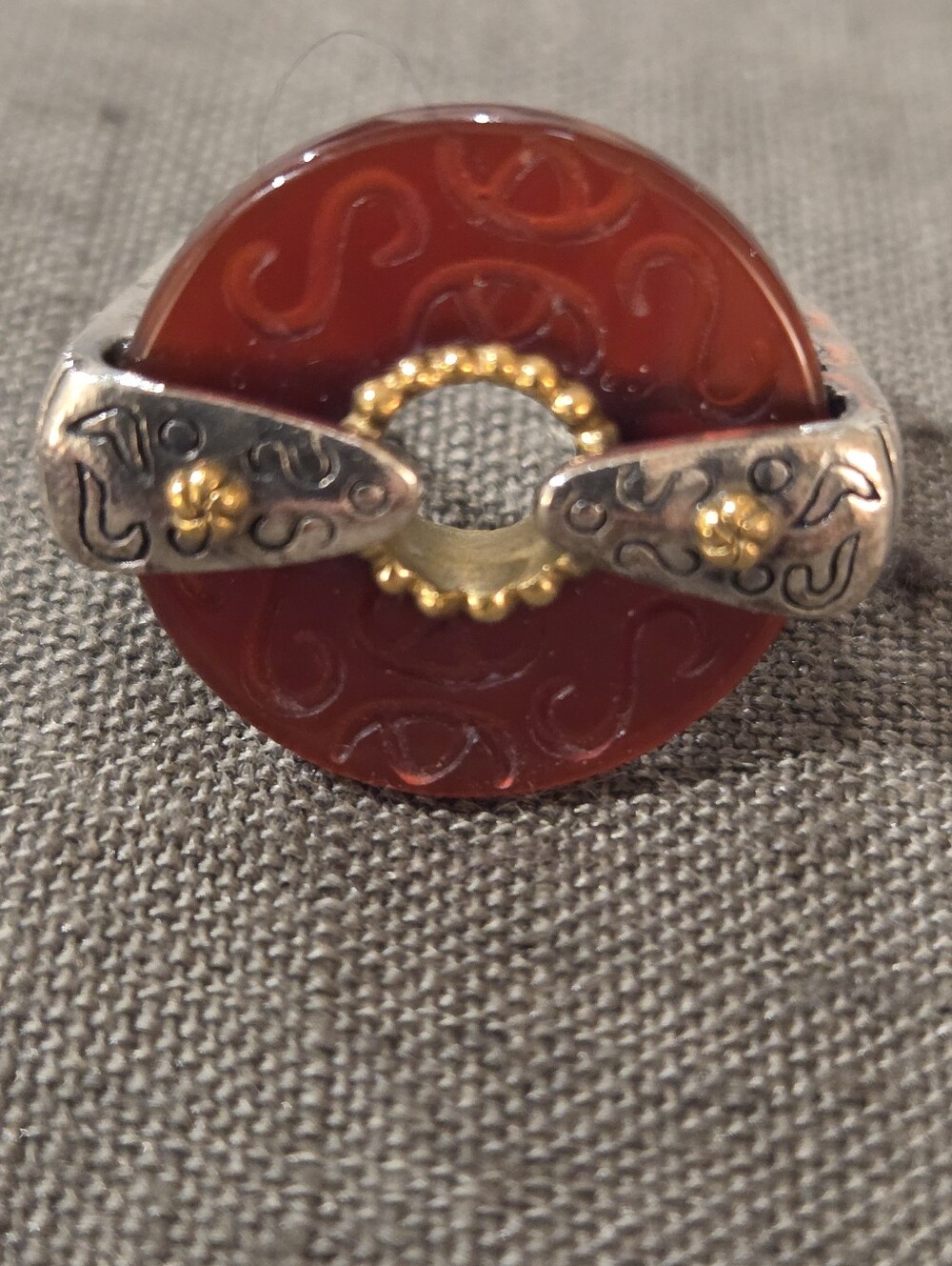 Red Etched Carnelian Statement Ring with Silver and Gold Accents